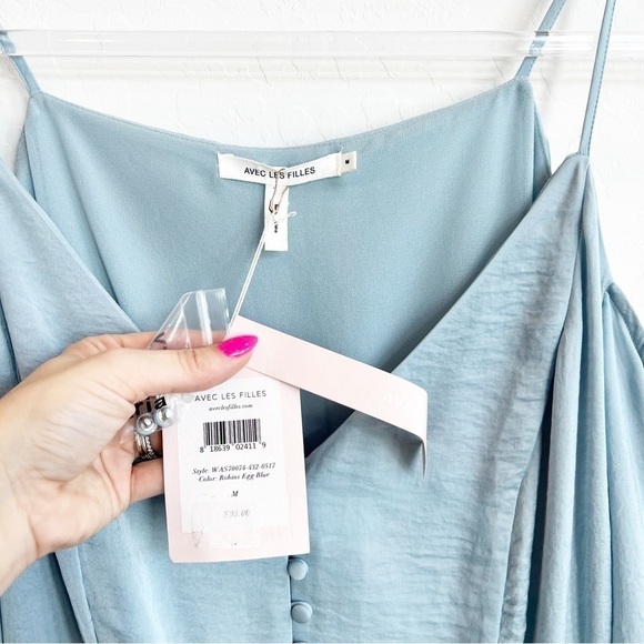 NEW Avec Les Filles Women's Cold Shoulder Mini Dress Satin Ruffle Blue Med - Picture 6 of 9